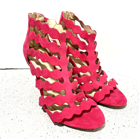 Kelly & Katie Zilama Hot Pink Faux Suede High Heel Sandals Back Zip Shoes 8.5MU - Picture 1 of 9